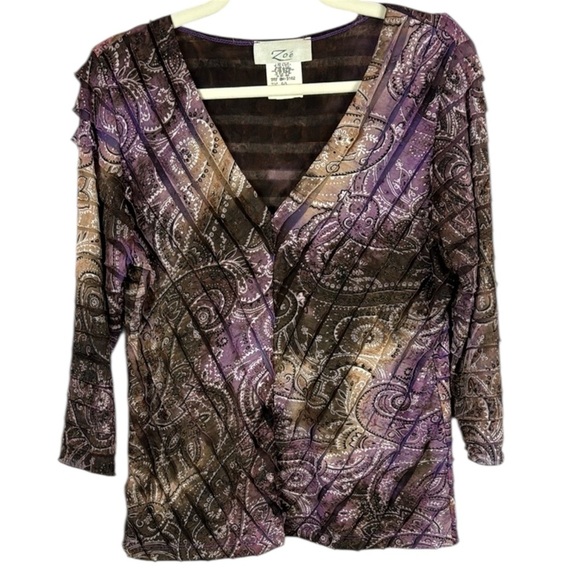Zoé Elegant Purple and Brown Paisley Print 3/4 Sleeve Ruched Blouse Size Large - Picture 1 of 10